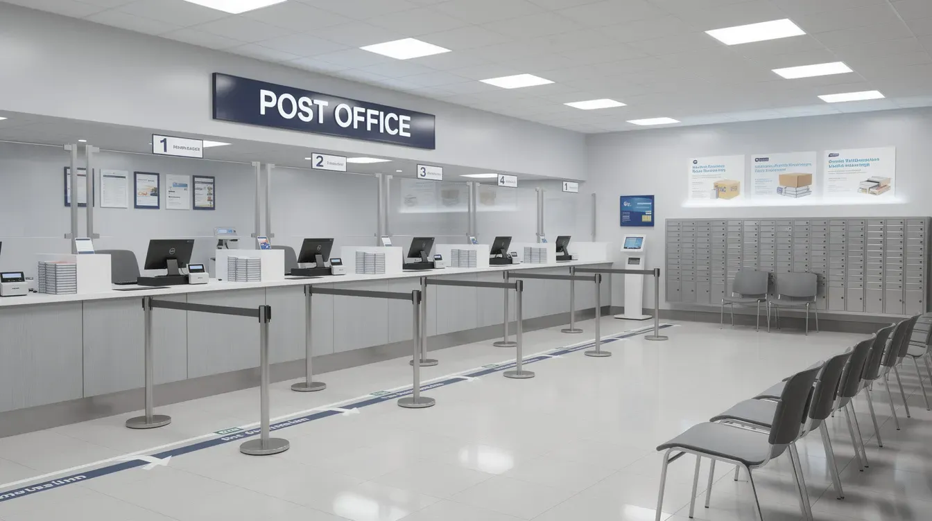 The image shows the interior of the Sunbridge Road post office, featuring service windows for customer transactions and a designated waiting area for patrons. This location offers a variety of post office services to the local community, ensuring secure continued access to essential office services.