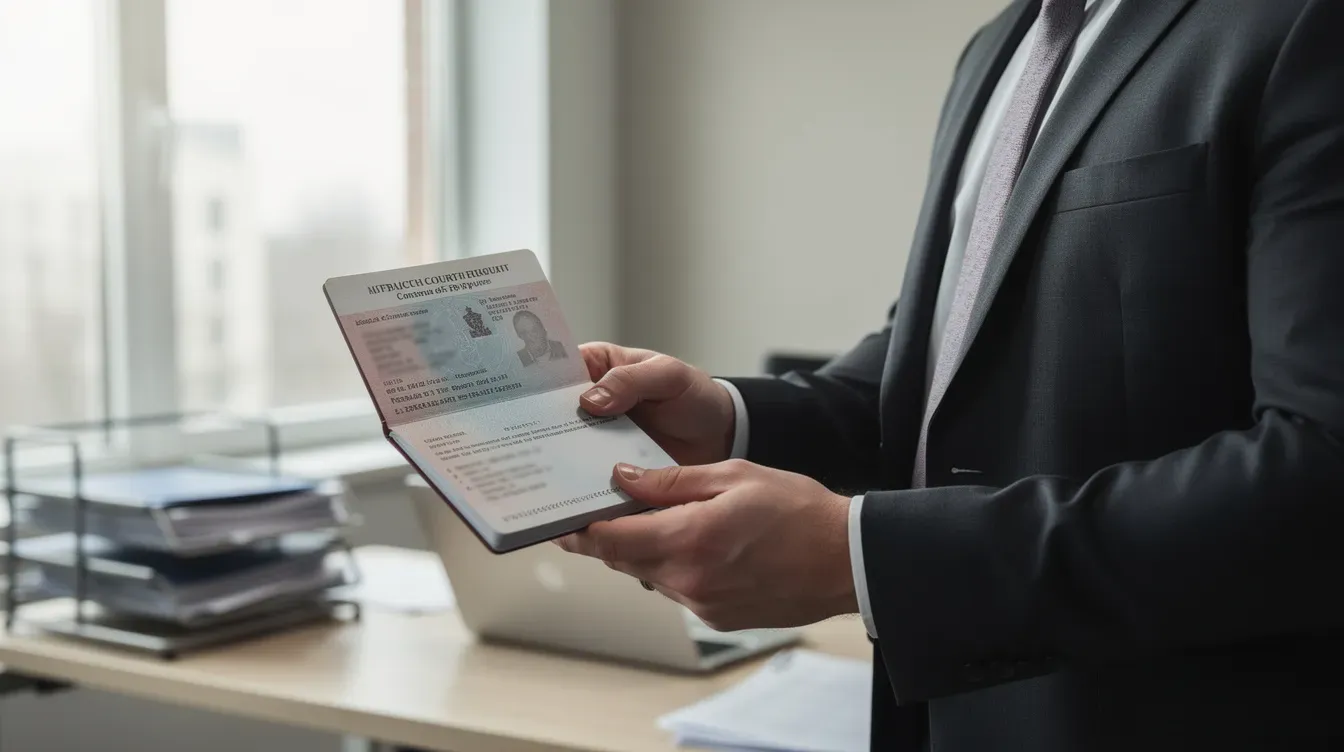 A person is standing in a well-lit office, holding official court documents alongside a UK passport, indicating they may be in the process of applying for a passport or gathering supporting documents for British citizenship. The scene suggests an organized and professional environment, likely related to the passport application process.