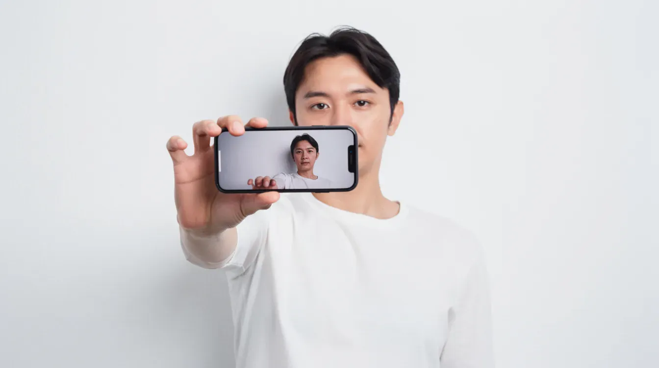 A person is standing against a plain white wall, using a smartphone to take a passport-style photo. This setting is ideal for capturing a digital photo needed for a passport application or other supporting documents.