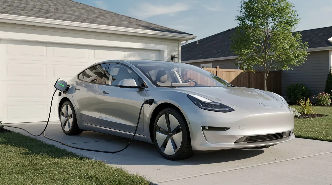 An electric vehicle is plugged into a charging station in a home driveway, showcasing the modern trend of eco-friendly transportation. This image highlights the importance of vehicle tax and insurance considerations for electric vehicles on public roads.