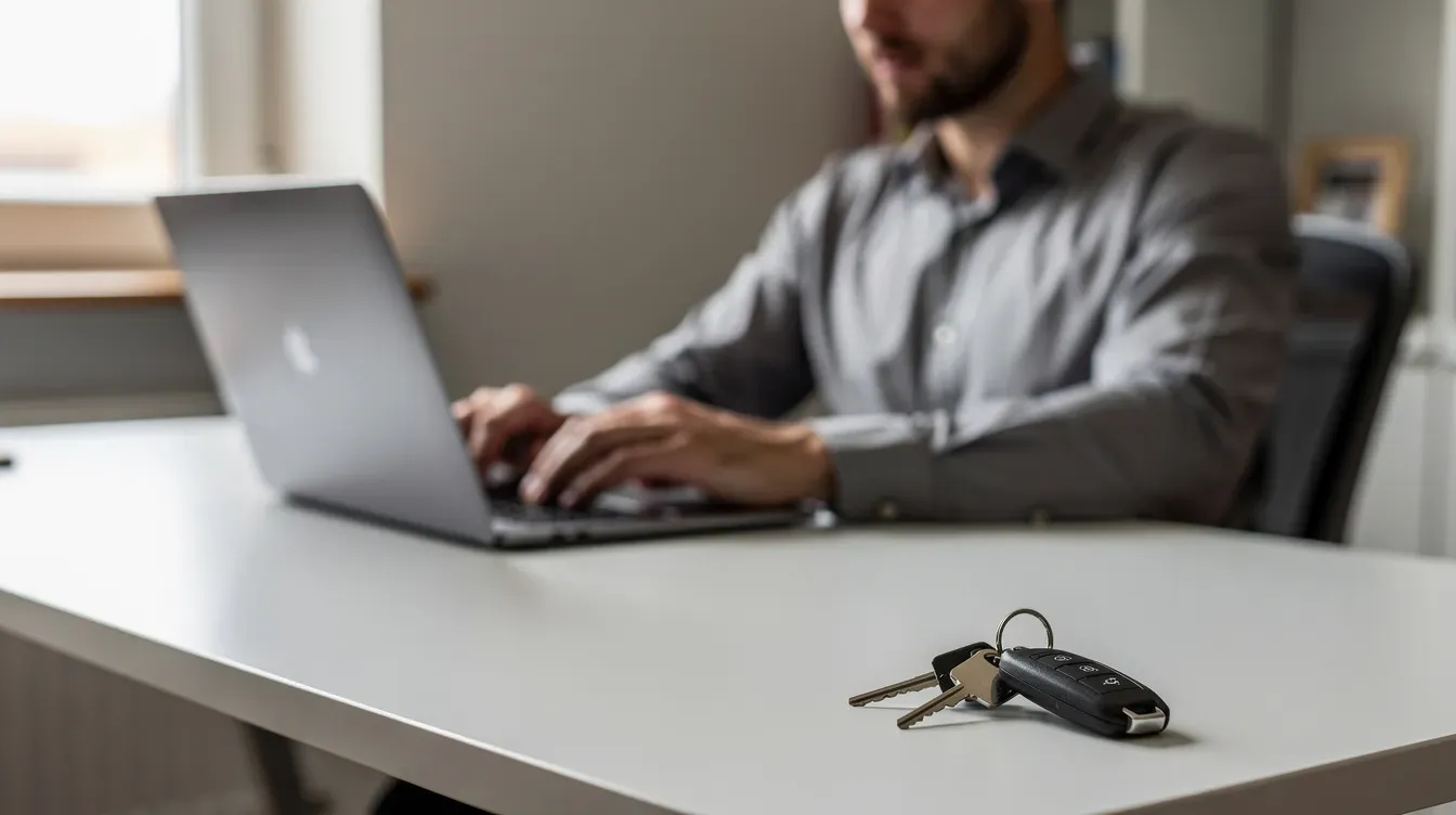A person is sitting at a desk, focused on their laptop, with car keys placed nearby, suggesting they may be managing tasks related to their vehicle, such as checking their car tax status or paying for insurance online. The setting implies a connection to vehicle management, possibly involving road tax or vehicle excise duty.
