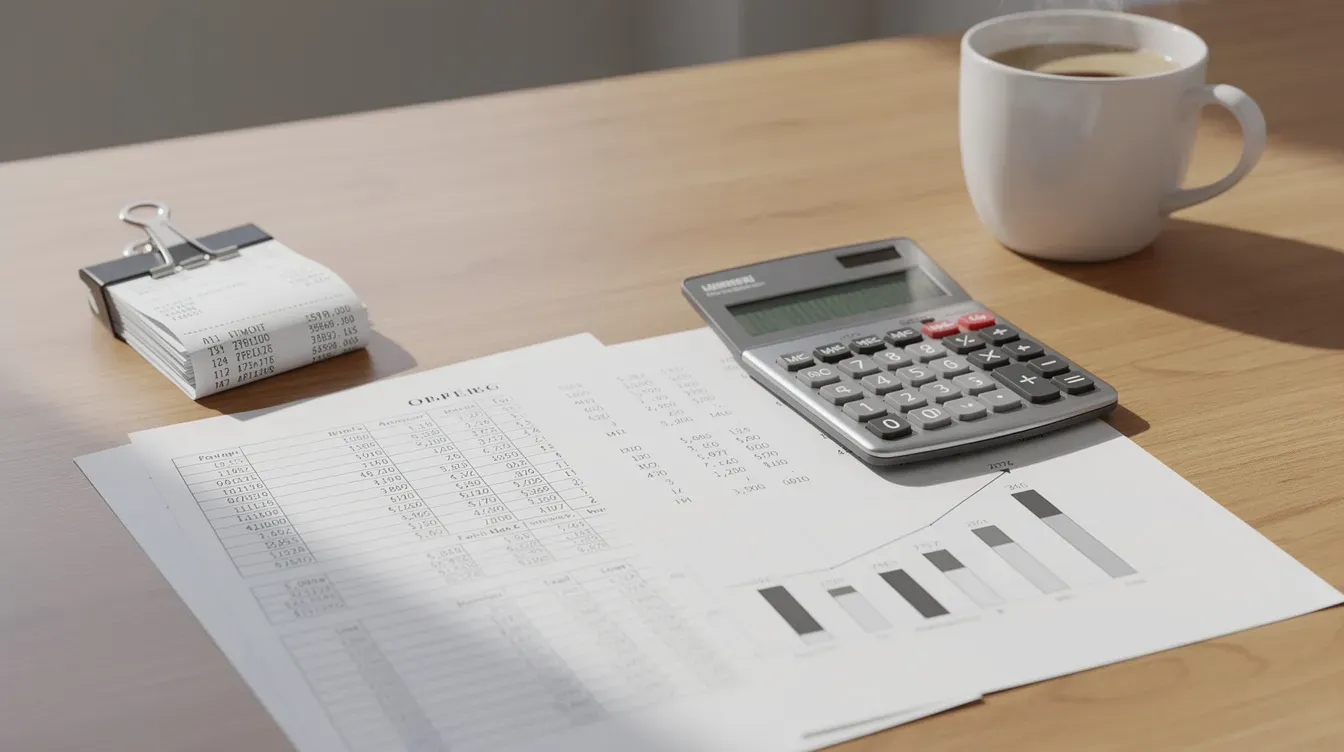 The image depicts a cluttered desk featuring a calculator, various financial documents including payslips, and a steaming cup of coffee, suggesting a busy environment where one might be managing tax credits, calculating overpaid tax credits, or preparing for discussions with a debt collection agency. The presence of these items indicates a focus on financial responsibilities and planning, possibly related to tax year obligations.