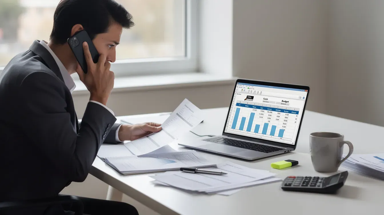 A person is making a phone call while reviewing a stack of paperwork and a budget spreadsheet, likely assessing their financial situation related to tax credits and potential overpayments. The scene suggests they are seeking advice on how to manage their tax credit debt and repayment plans.