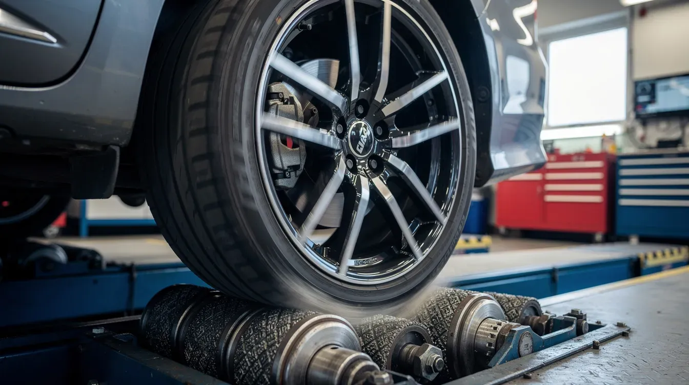 The image shows a close-up view of a car wheel resting on a brake roller testing machine inside a garage, highlighting the vehicle's braking system as part of the annual MOT test. This setup is essential for ensuring the car meets safety standards and passes the necessary vehicle tests.