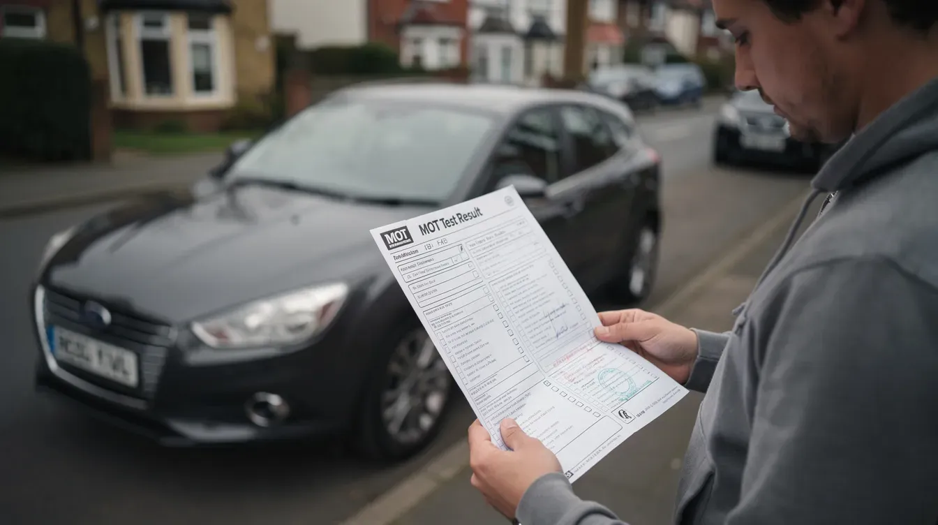 A person is closely examining a printed MOT test result sheet while standing next to a parked car, highlighting the importance of checking the vehicle's safety and compliance with legal requirements. The sheet likely contains details about the car's brake lights, exhaust system, and other critical components that were tested during the annual MOT test.