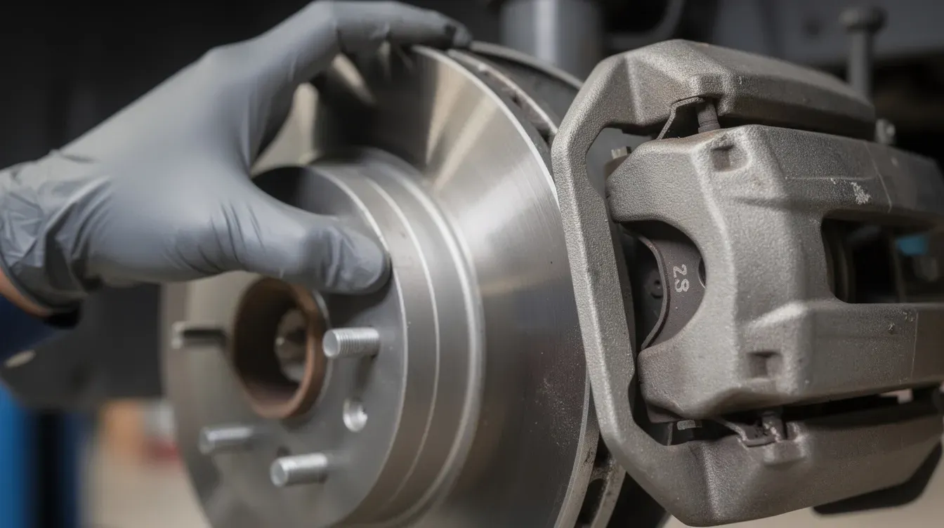 A mechanic wearing gloves inspects a close-up view of a car's brake disc and caliper, ensuring the braking system is working correctly as part of the annual MOT test checks. The image highlights the importance of vehicle safety and maintenance for a valid MOT certificate.