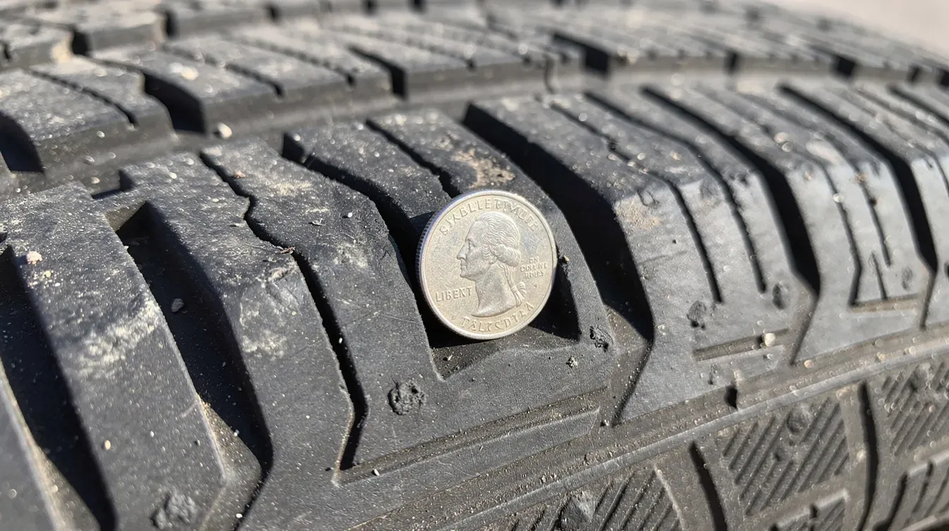 A close-up photograph of a car tyre showcases the tread depth grooves, with a coin placed against the tread for measurement, highlighting the importance of tread depth in ensuring vehicle safety and compliance during an MOT test. This visual emphasizes the need for proper tyre maintenance, a key aspect checked during an MOT appointment.