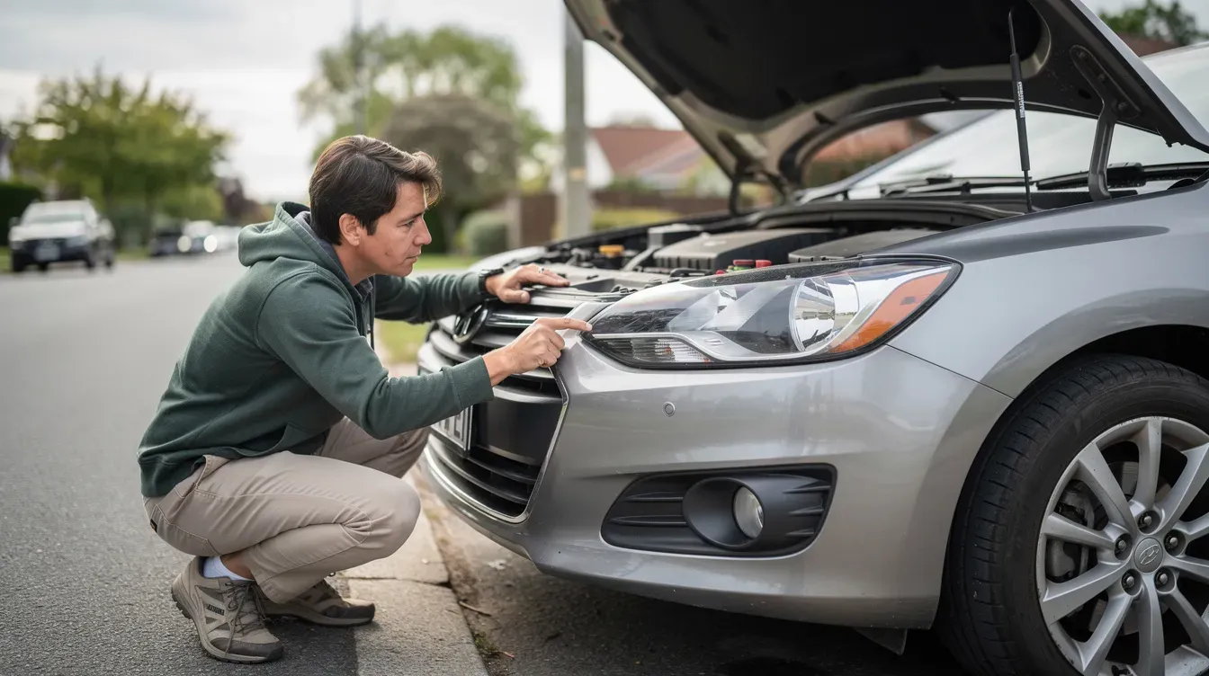 A person is crouching beside a car with the bonnet open, inspecting the front headlight and indicator, which are essential components checked during an MOT test. The scene highlights the importance of vehicle safety and compliance with legal requirements for a valid MOT certificate.