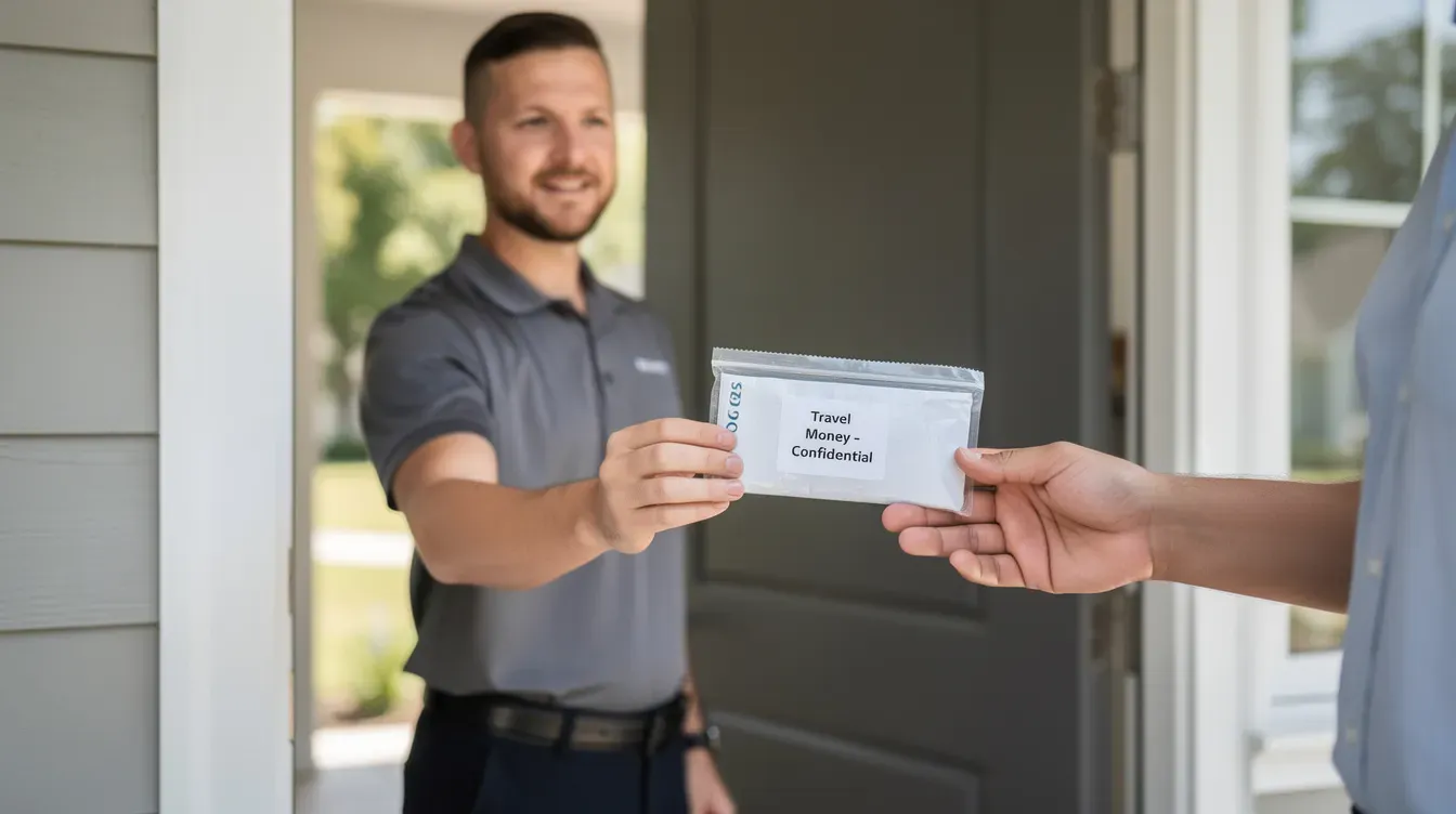 A delivery person is handing over a sealed travel money envelope at a front door, indicating the arrival of foreign currency for an upcoming trip. The envelope symbolizes the convenience of ordering travel money online, ensuring secure transactions for travelers.