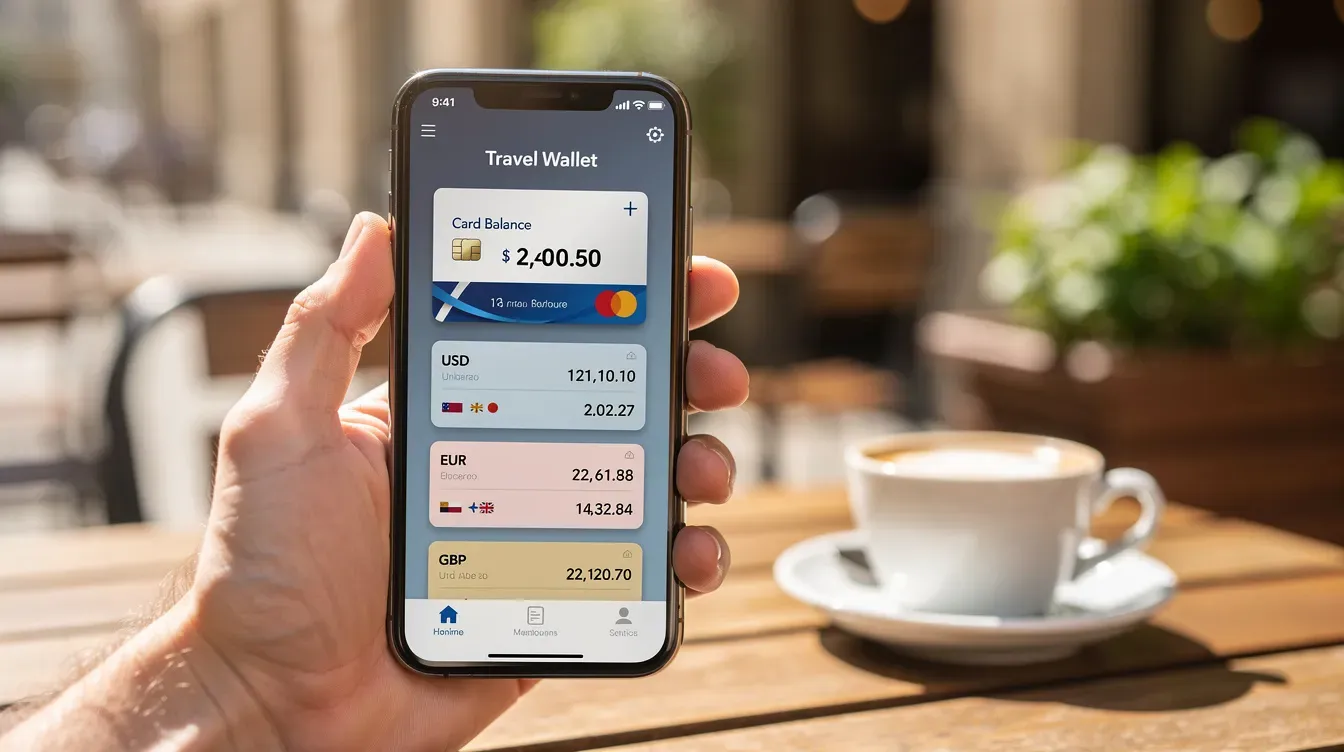 A hand holds a smartphone displaying a travel money card app with various currency balances on the screen, set against the backdrop of a sunny outdoor café. This image highlights the convenience of managing foreign currency and travel money online, making it easier for travelers to prepare for their next trip.