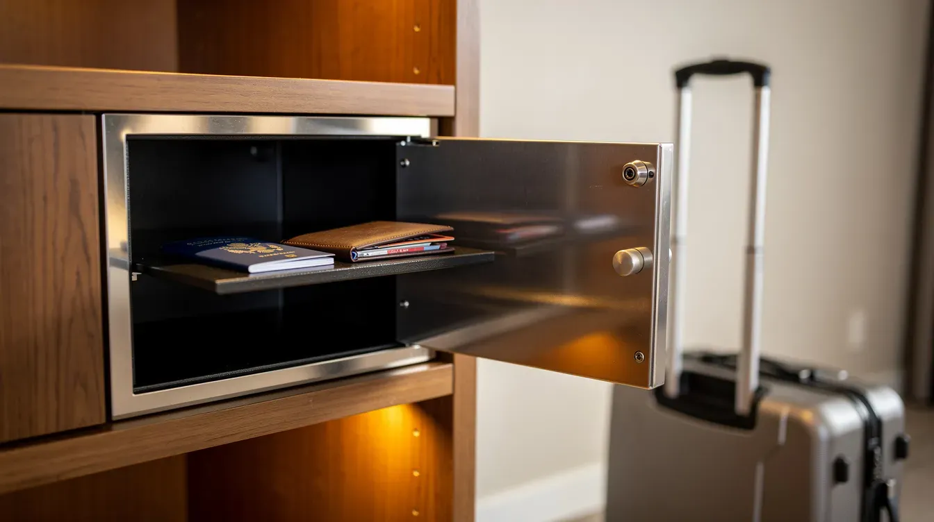 The image shows a hotel room safe containing a passport and a travel wallet, with luggage placed in the background, emphasizing the importance of securing travel money and important documents while on holiday. This setup highlights the convenience of managing foreign currency and travel essentials during your next trip.