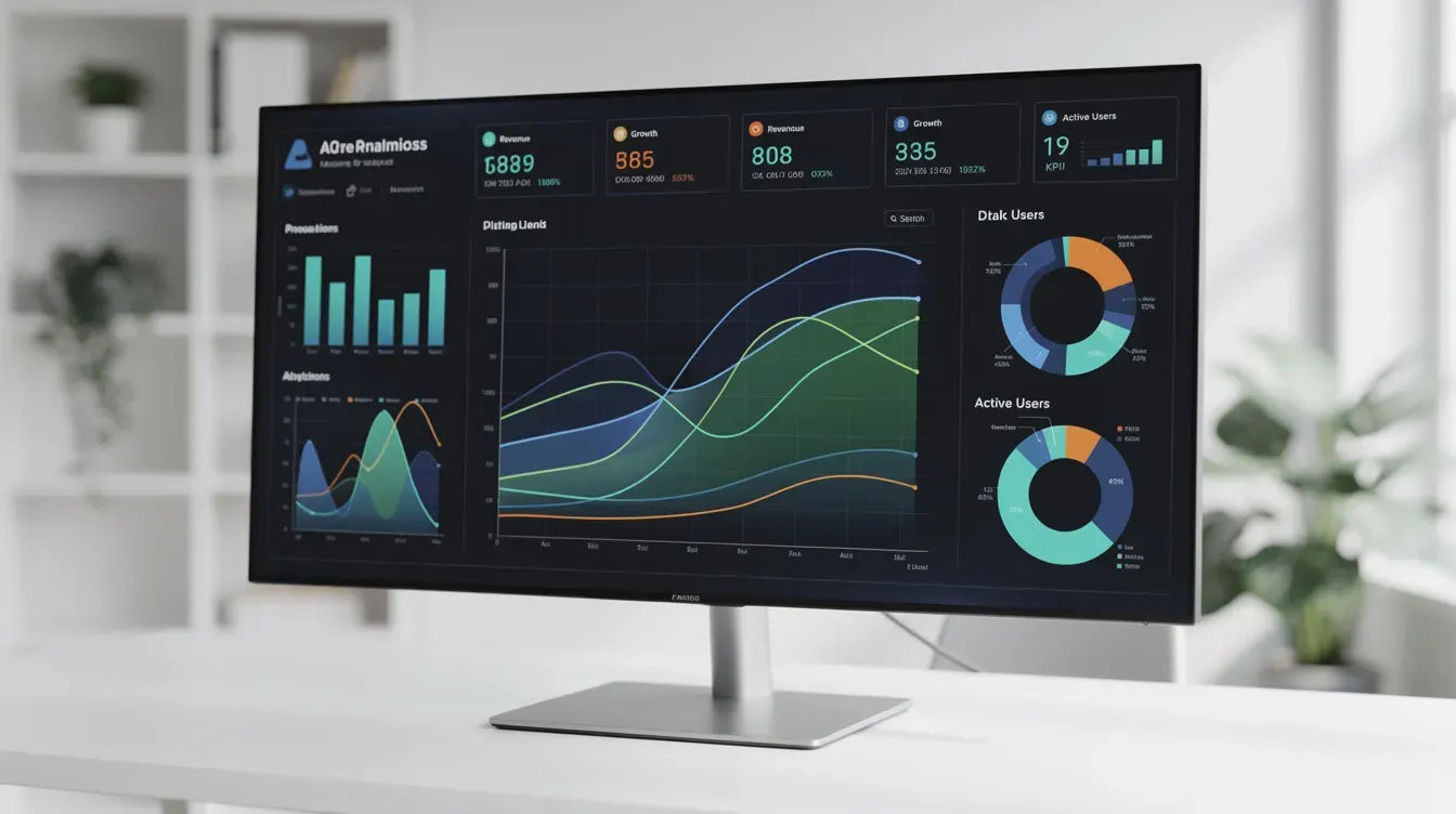 The image features a modern business dashboard displayed on a wide monitor, showcasing various graphs and charts with colorful data visualizations that represent company information. This dynamic setup highlights the importance of real-time data access and analysis for users working hard to make informed business decisions.