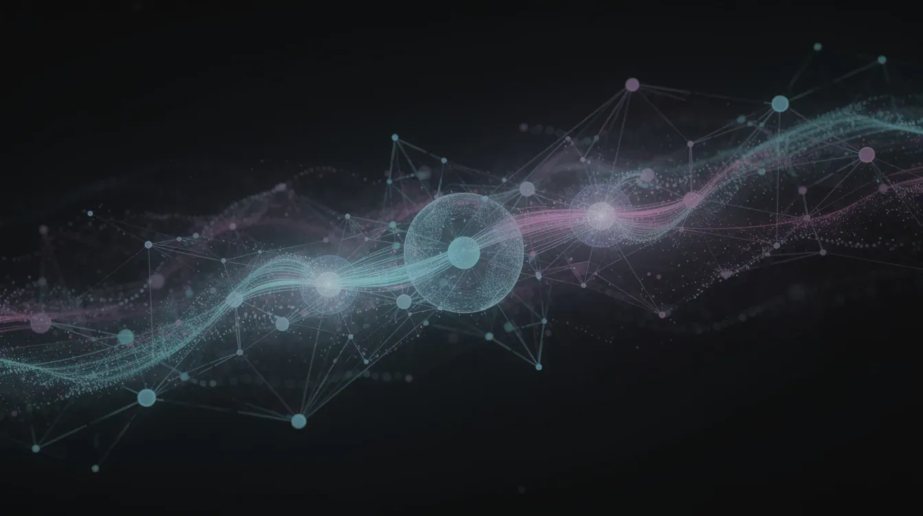 The image depicts an abstract visualization of a network data flow, showcasing interconnected nodes with glowing lines representing connections against a dark background. This artistic representation symbolizes the complex relationships found in company information accessed through the Companies House API, highlighting the interconnectedness of data in real-time.