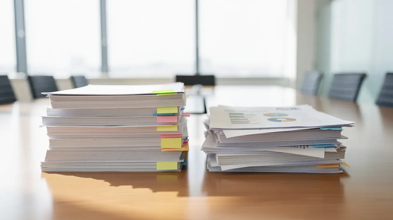 The image shows two stacks of paper documents placed side by side on a conference table, likely containing important company records such as a company's articles of association or model articles relevant to private limited companies. These documents may include provisions related to shareholder rights, decision making, and the responsibilities of company directors.