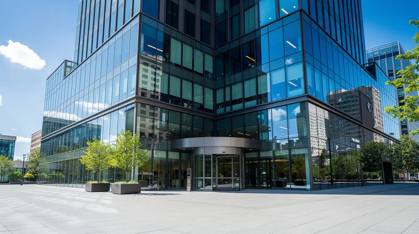 The image depicts a modern glass office building with a sleek design, reflecting sunlight on a clear day. This contemporary structure symbolizes the dynamic environment of private limited companies operating under the UK Companies Act, where transparency and innovation are paramount in company operations and governance.