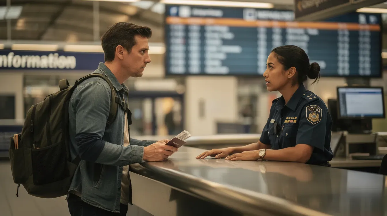 A traveller is engaged in conversation with a police officer at a station counter, holding important paperwork related to their urgent travel needs, possibly an emergency travel document or application for a new passport. The scene reflects the urgency of their situation, as they seek assistance for immediate travel plans.