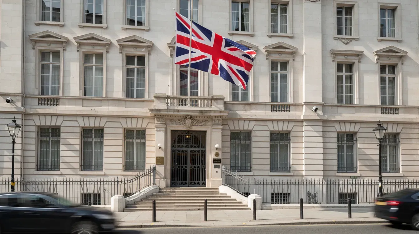 The image shows the exterior of a British embassy building prominently displaying the Union Jack flag. This embassy serves as a crucial location for obtaining UK emergency travel documents and other passport services for those needing to travel urgently.