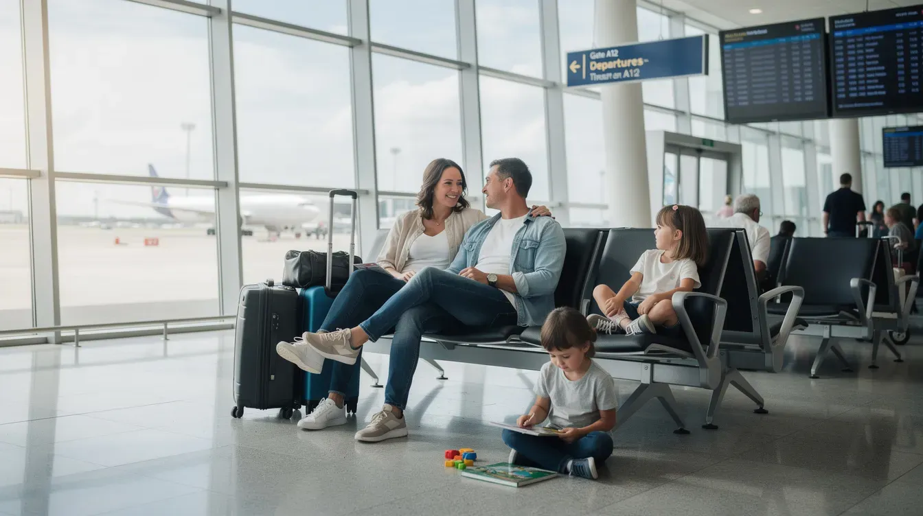 A family with young children is seated in an airport waiting area, looking around as they prepare for their journey. They seem to be in an urgent situation, possibly needing to travel urgently due to an emergency travel document requirement.