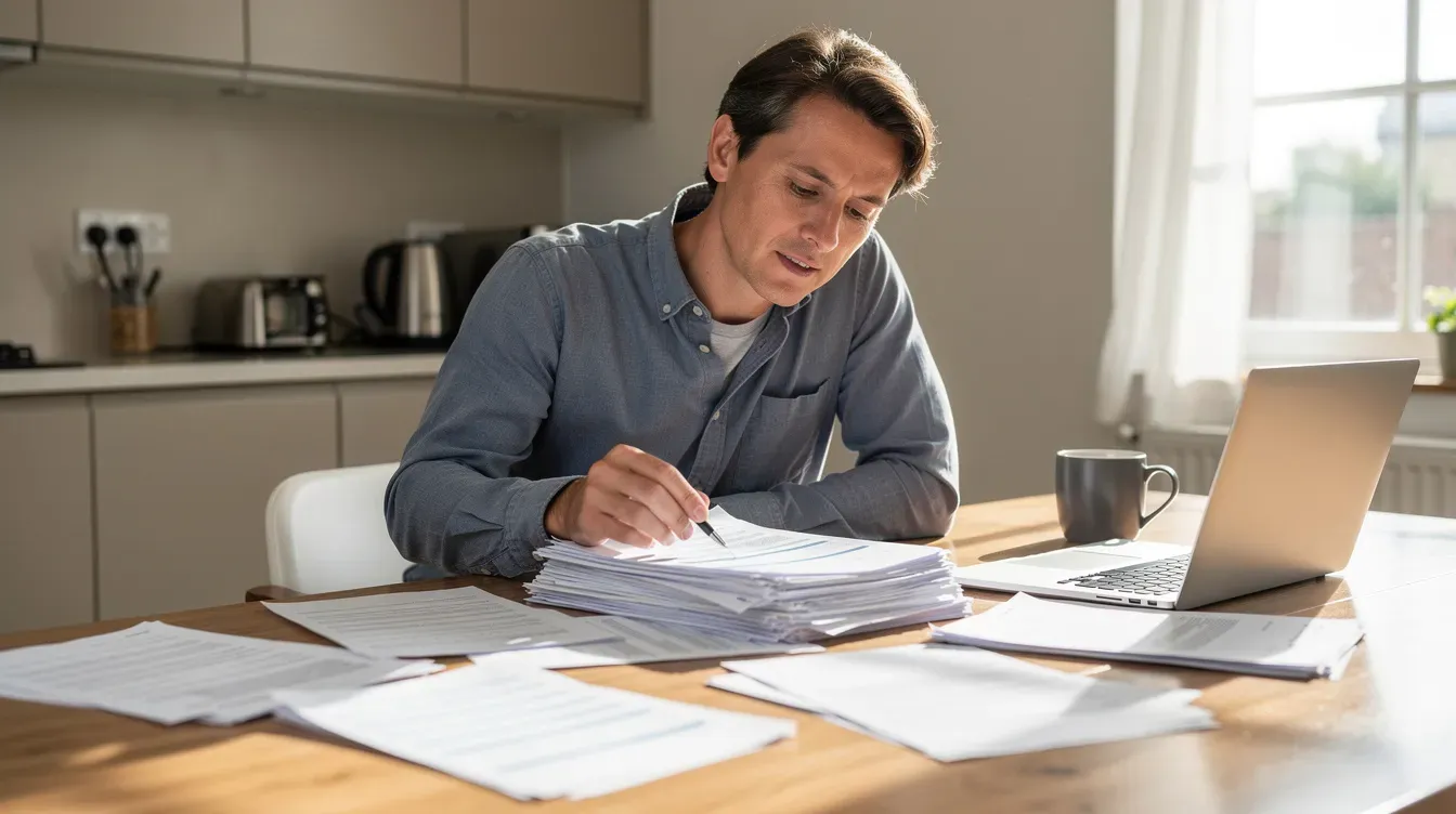 The image shows a person sitting at a kitchen table surrounded by paperwork and documents, with a laptop open nearby, indicating they might be reviewing information related to claiming housing benefit or universal credit. The scene suggests a focus on managing housing costs and paperwork for benefits that assist with rent and living expenses.