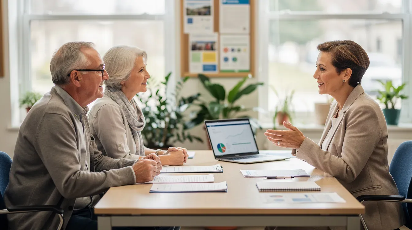 An older couple is engaged in a conversation with an adviser across a desk in a bright community office, discussing options for claiming housing benefit and navigating their housing costs. The setting suggests a supportive environment where individuals can seek assistance with their housing needs and benefits.