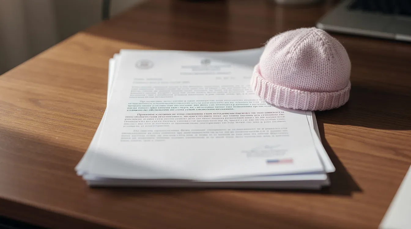 The image depicts a neatly arranged stack of official papers, including a child's passport application and a full birth certificate, alongside a soft, knitted baby hat on a desk. This setup suggests preparations for applying for a UK passport for an infant, highlighting the importance of confirming the child's identity with supporting documents.