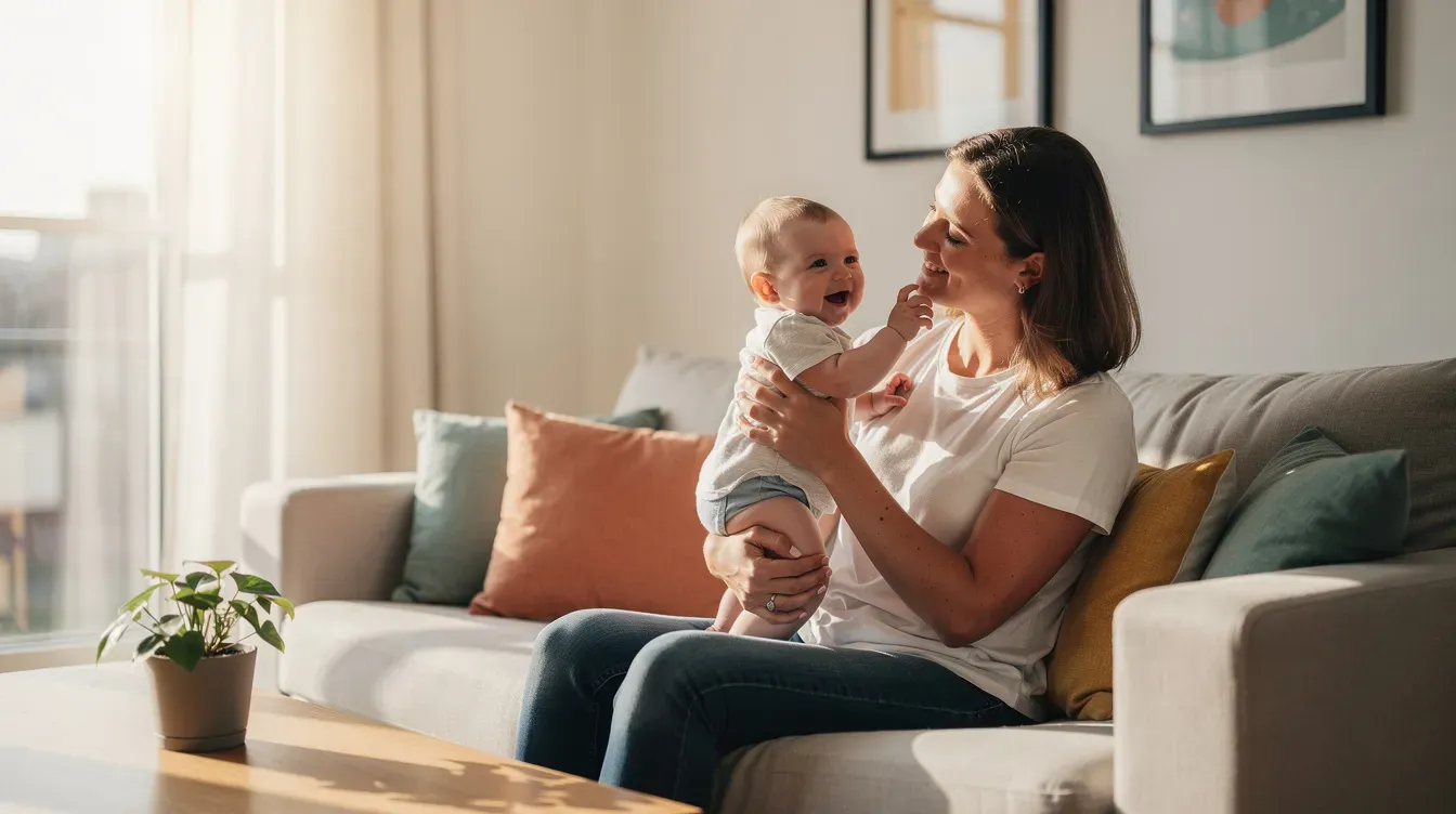 A calm parent is gently holding a happy baby in a brightly lit living room, creating a warm and joyful atmosphere. The scene reflects a nurturing environment, emphasizing the bond between the parent and child, which is essential when applying for a child's passport or confirming their identity with supporting documents like a birth certificate.