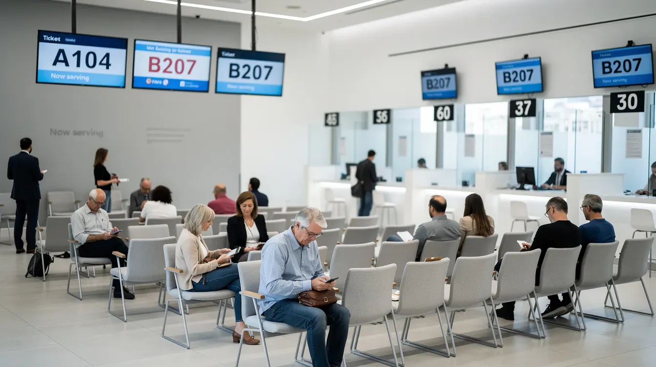 In a clean and modern government office, people are waiting patiently, surrounded by bright lighting and sleek decor, while numbered ticket displays on screens indicate their turn for the passport application process. The atmosphere is organized and calm, reflecting the importance of securing a UK passport and ensuring the correct identity verification for applicants.