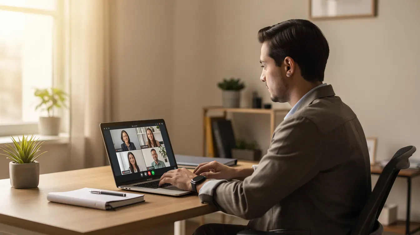 A person is sitting at a desk with a laptop, engaged in a video interview for their UK passport application from home. The setting suggests they are preparing to discuss important identity documents and confirm their eligibility as part of the online interview process.