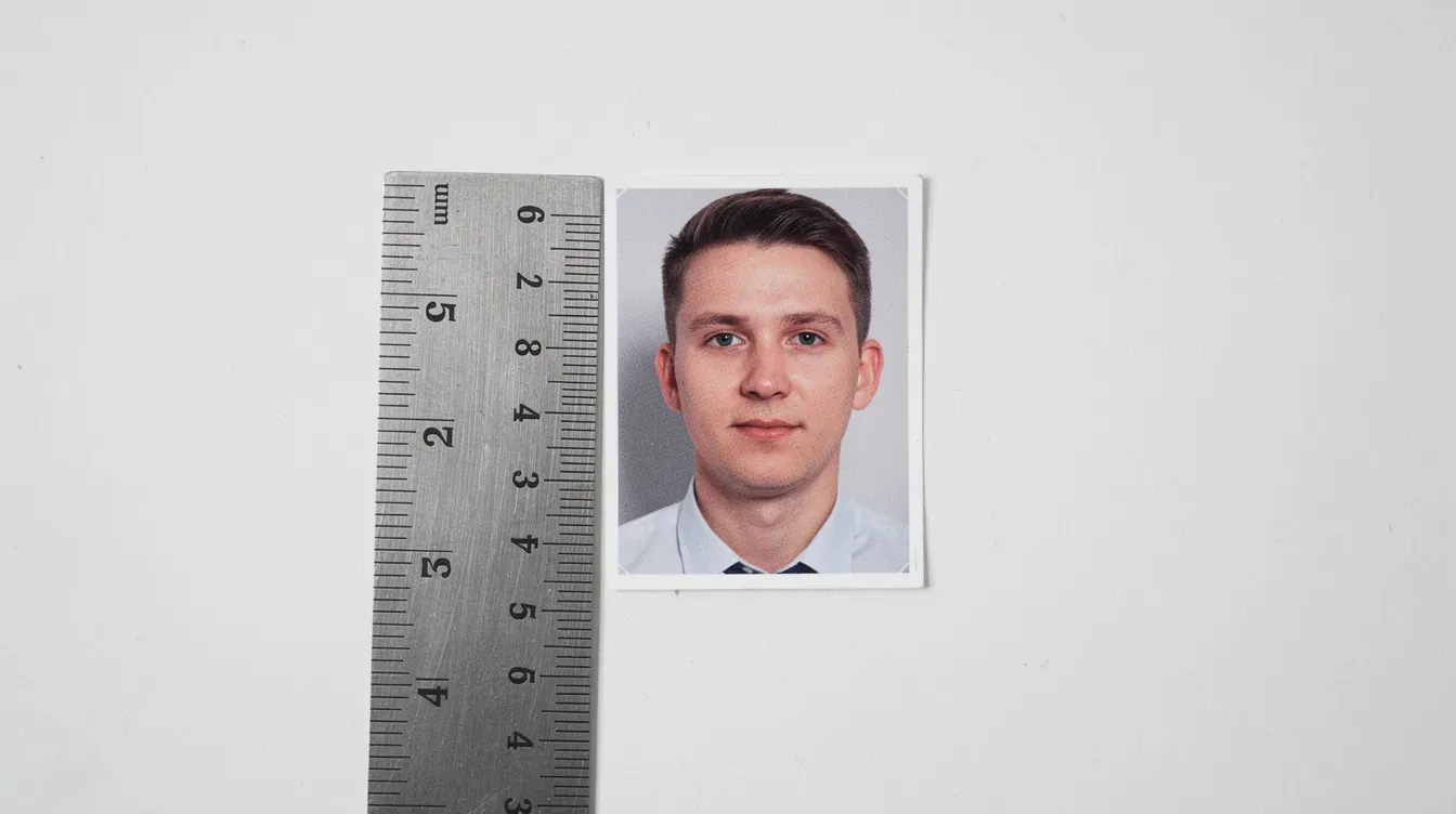 The image shows a small printed passport photo placed next to a ruler, highlighting its dimensions in millimeters against a plain light-colored background. The photo adheres to UK passport photo requirements, featuring a neutral expression and clear visibility.