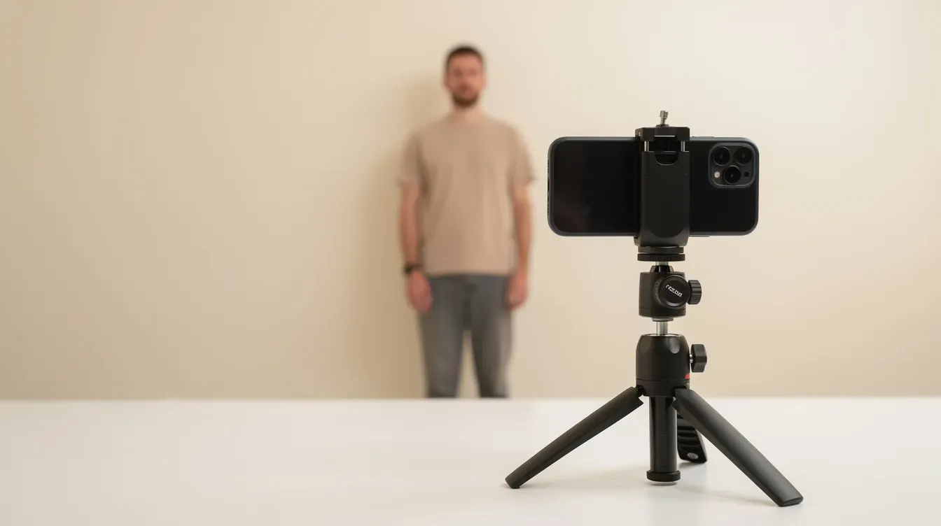 A smartphone is mounted on a small tripod, capturing a person standing in front of a plain cream-coloured wall, suitable for a digital passport photo. The individual maintains a neutral expression, facing straight at the camera, adhering to UK passport photo requirements.