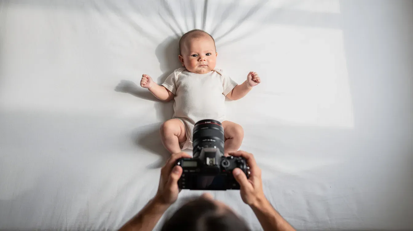 A baby lies on a plain white sheet, photographed from above by an adult holding a digital camera. The baby has a neutral expression, with eyes open and mouth closed, suitable for a passport photo against a light coloured background.