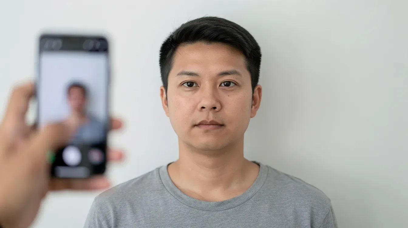 A person is standing in front of a plain white wall, having their passport photo taken with a smartphone, ensuring it meets UK passport standards. This digital photo will be used for their passport application, which can be submitted online for renewal or a new passport.