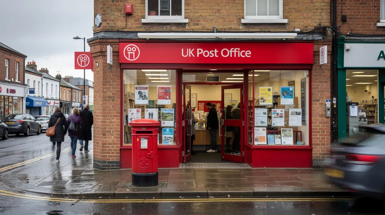 The image shows the exterior of a traditional UK Post Office branch located on a bustling high street, featuring a red and white sign and large windows displaying various postal services. This location is often used for passport renewals, where individuals can apply for both adult and child passports, and access services such as passport checks and application forms.