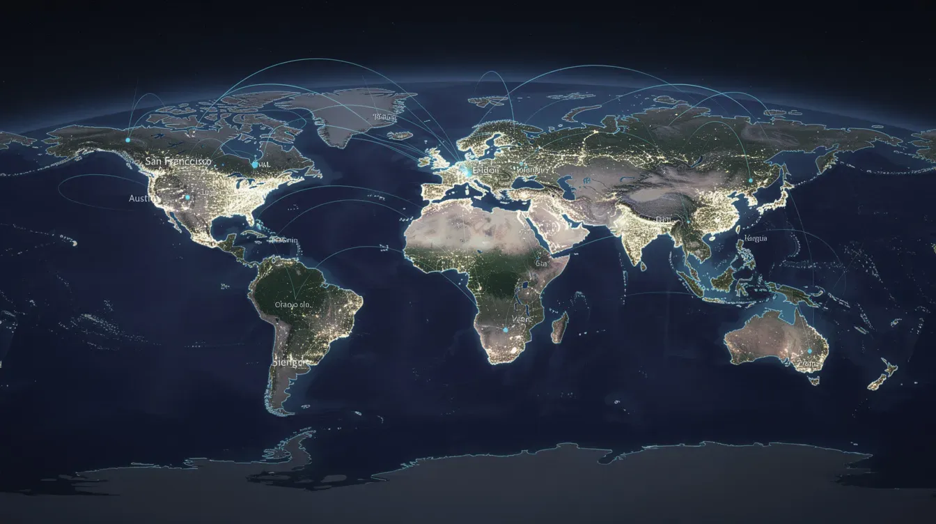 The image depicts a glowing world map at night, highlighting major global tech hub cities with bright spots, symbolizing the vibrant ecosystem of unicorn startups and billion-dollar valuations in locations such as Silicon Valley and South Korea. This visual representation emphasizes the interconnectedness of venture capital and emerging trends in the financial technology sector across the globe.
