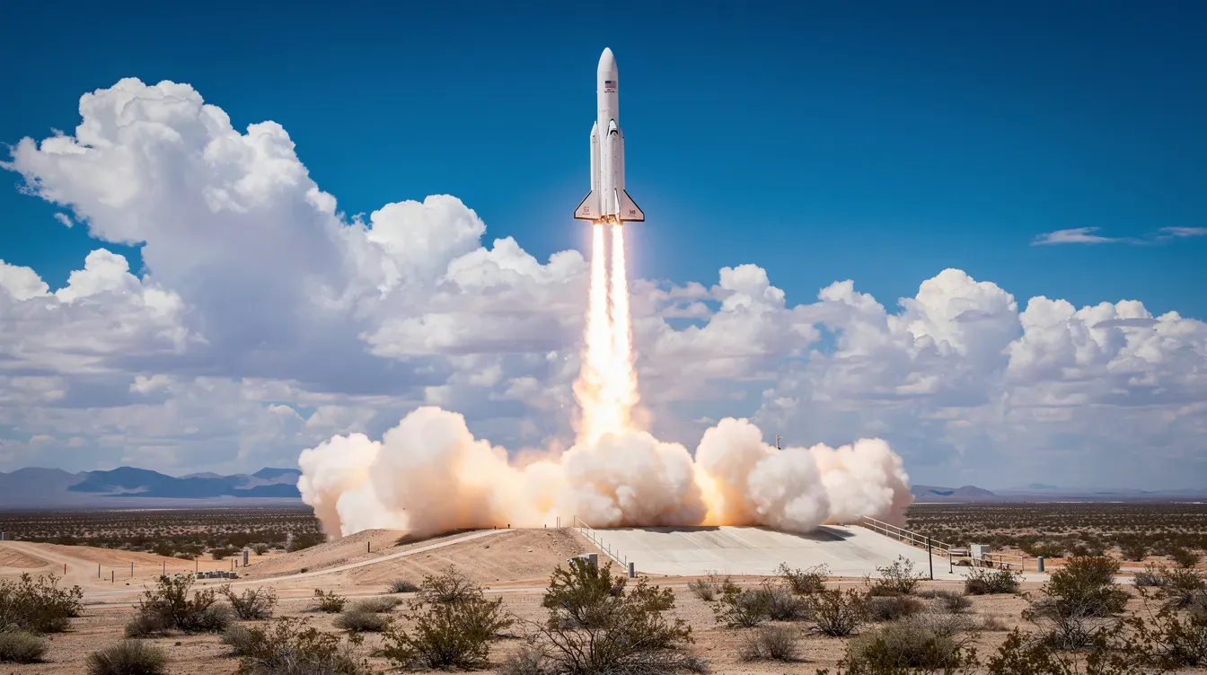 The image depicts a rocket launching from a desert launch pad, soaring into a bright blue sky dotted with fluffy white clouds, symbolizing the ambitious spirit of young companies striving to achieve unicorn status in the competitive venture capital landscape.