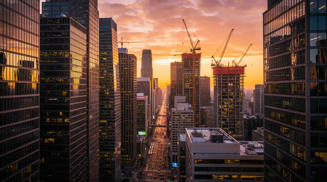 The image depicts a vibrant modern city skyline at sunset, featuring gleaming glass office towers and construction cranes, symbolizing the rapid growth of startup companies and unicorn status in urban centers. The scene captures the dynamic atmosphere of a financial hub where young companies thrive amidst established companies, reflecting the bustling activity of venture capital investments.
