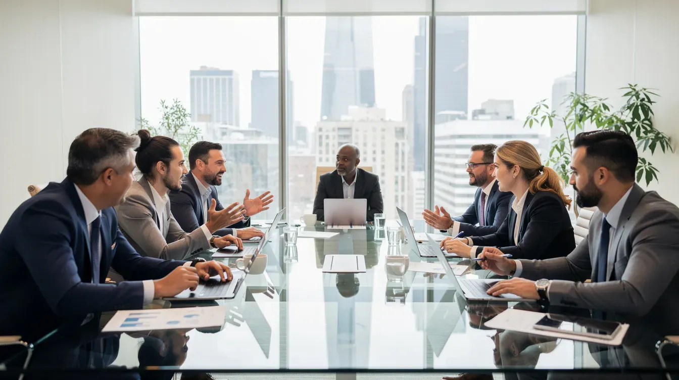 A diverse group of entrepreneurs is engaged in an animated discussion around a conference table in a bright, modern meeting room, showcasing the collaborative spirit often found in unicorn startups. The atmosphere reflects the dynamic nature of private companies striving to achieve unicorn status through innovative business models and venture capital support.