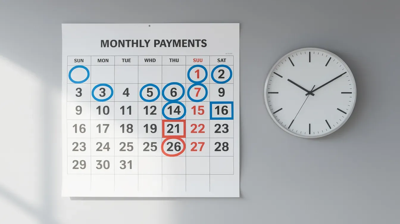 The image features a wall calendar with specific dates highlighted, alongside a clock, symbolizing the monthly universal credit payment cycle. This visual representation emphasizes the timing of universal credit awards and payment schedules for claimants.