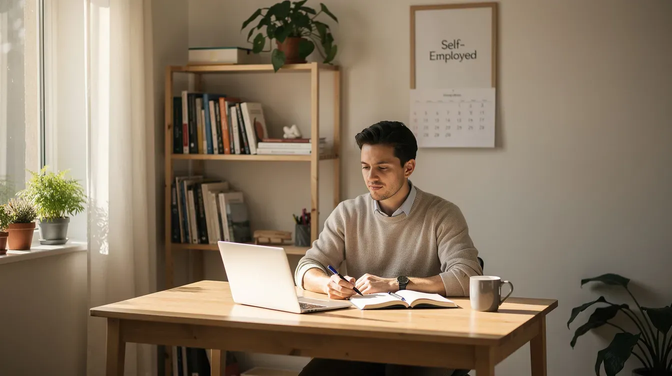 The image depicts a person working diligently at a desk in a small home office, symbolizing the concept of self-employment. This scene reflects the experience of self-employed individuals who may be navigating the universal credit system to manage their living costs and ensure financial stability.