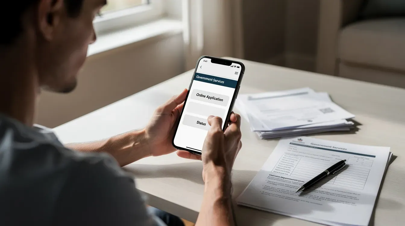 A person is sitting at a table using a smartphone to access an online government service, with various documents related to their universal credit claim placed beside them. The scene highlights the process of managing monthly universal credit payments and accessing support allowances.