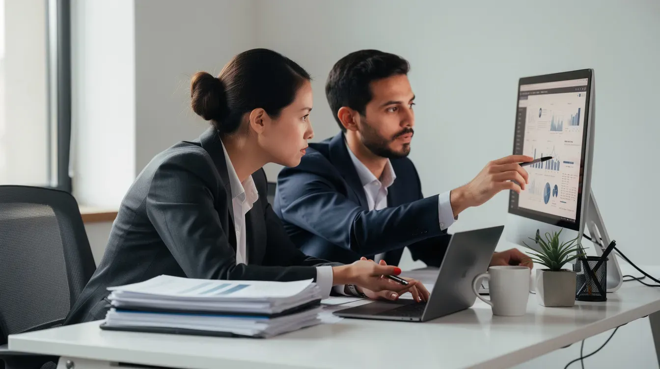 The image shows two people sitting together at a desk, reviewing paperwork and a computer screen, likely discussing their universal credit application process and financial support options. They appear focused as they work on their online universal credit account, possibly preparing for a claim or checking their payment details.