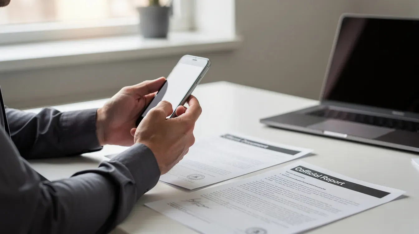 A person is holding a smartphone while examining official documents on a desk, which may include information about their universal credit claim and monthly payment details. The scene suggests they are assessing their financial situation, possibly related to housing benefit or other benefits.