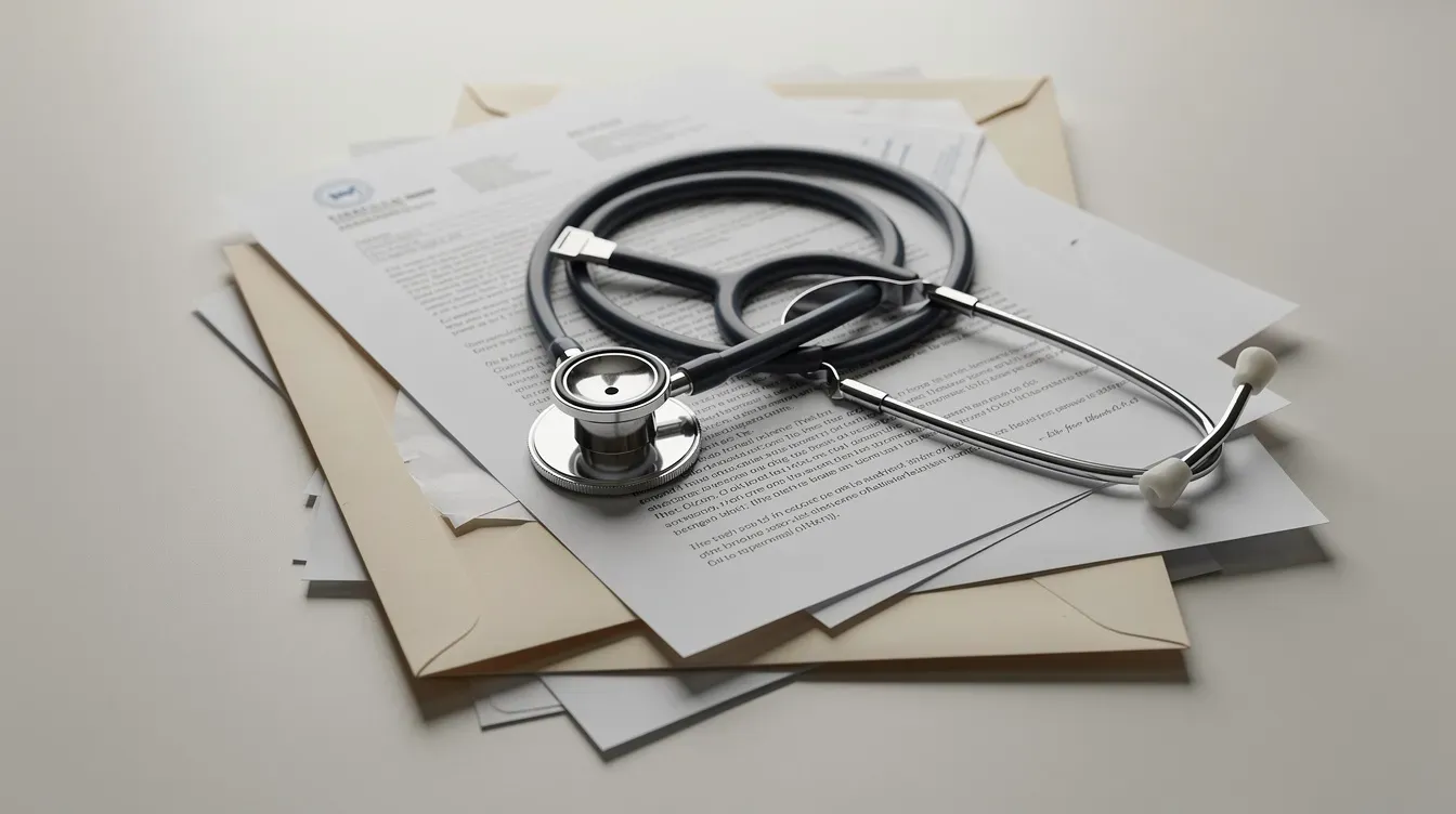 The image shows a medical stethoscope resting on top of a stack of official paperwork and envelopes, symbolizing the connection between health assessments and various benefits, such as universal credit payments. This visual representation highlights the importance of documentation in the process of claiming benefits, including housing costs and monthly payments.