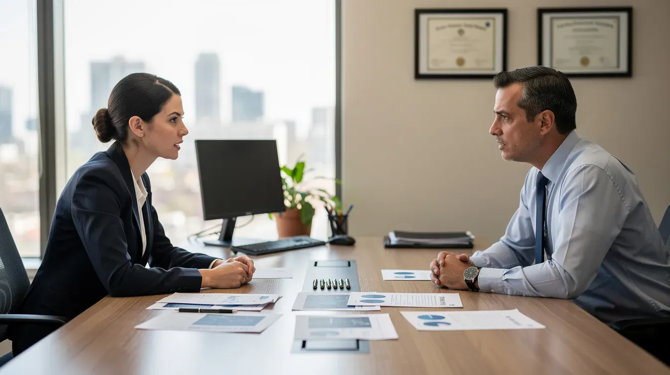 The image depicts two individuals engaged in a conversation at a desk in an office, with various paperwork related to universal credit claims placed between them. They appear to be discussing important topics such as monthly payments and eligibility for housing benefits.
