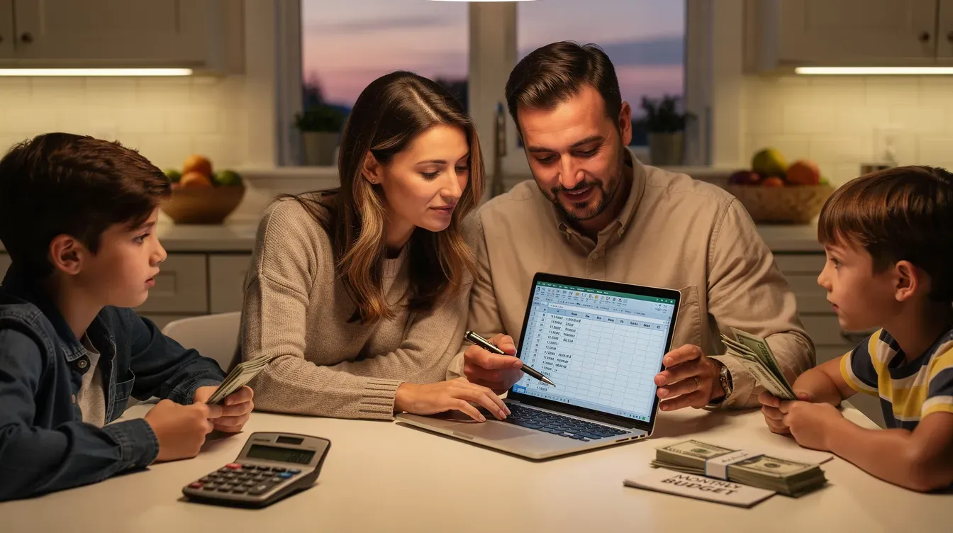 A family is gathered around a kitchen table, using a laptop and a calculator to carefully plan their household budget, which includes considerations for childcare costs and managing their universal credit payments. The scene reflects the importance of budgeting for future childcare costs while ensuring they have access to help with childcare expenses.