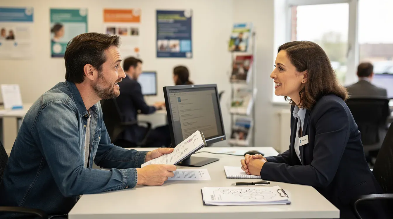 A parent sits at a job centre desk, engaged in a supportive discussion with an advisor about claiming universal credit and getting help with childcare costs. The meeting focuses on understanding upfront childcare costs and exploring options for future childcare expenses.