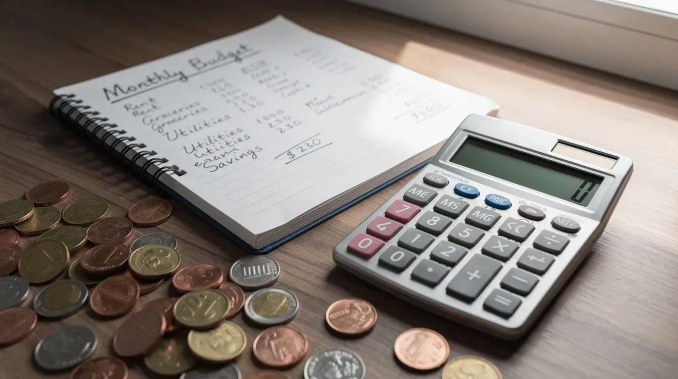 The image features a calculator, a stack of coins, and a notebook filled with budget notes on a desk, illustrating the process of managing living costs and planning for universal credit payments. This scene emphasizes the importance of budgeting for those navigating their universal credit claim and other financial support allowances.