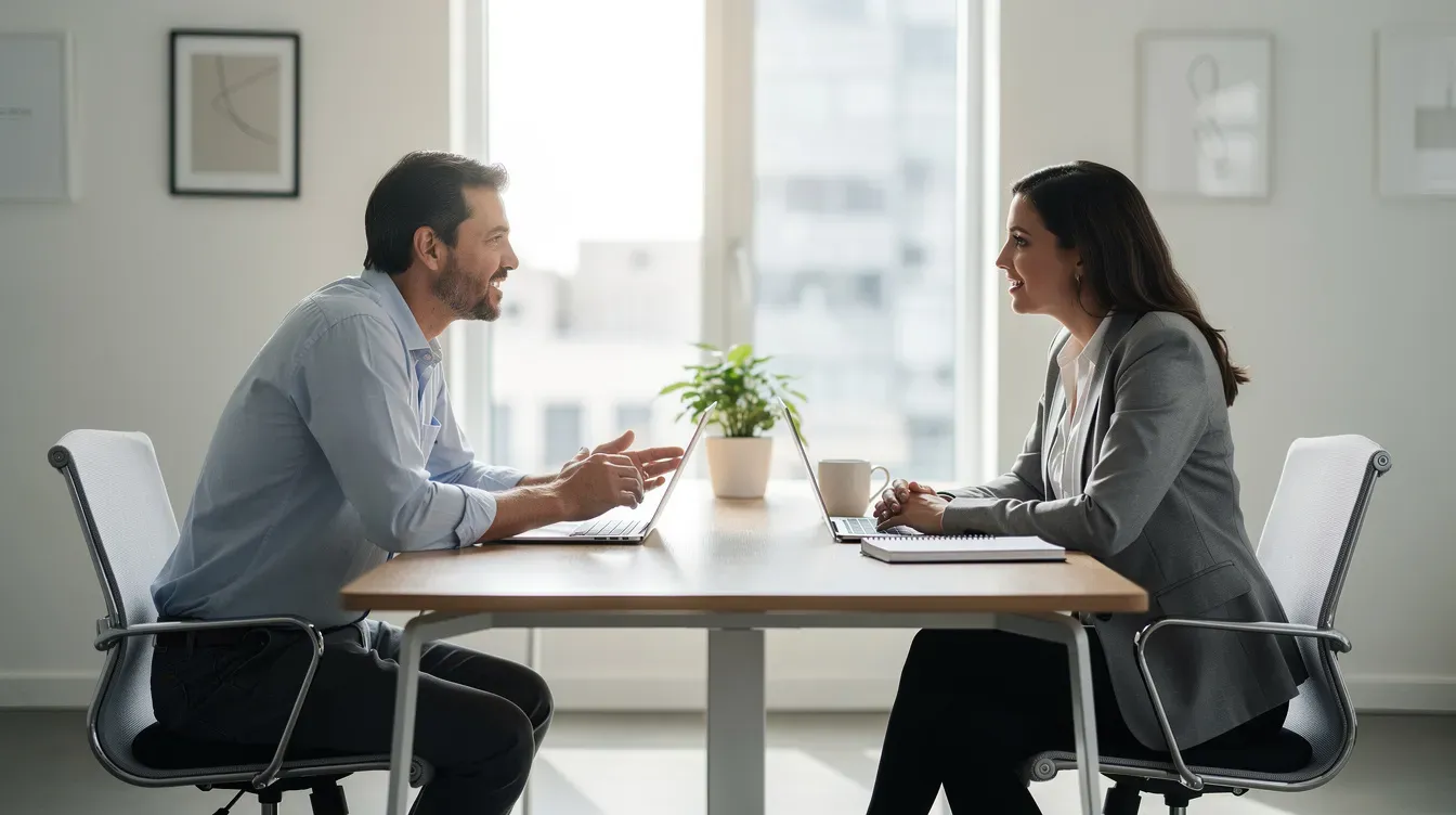 In a bright office, two people are seated across from each other at a desk, engaged in a conversation about various benefits, including universal credit claims and housing costs. The discussion likely involves navigating financial support options such as personal independence payments and employment and support allowances.