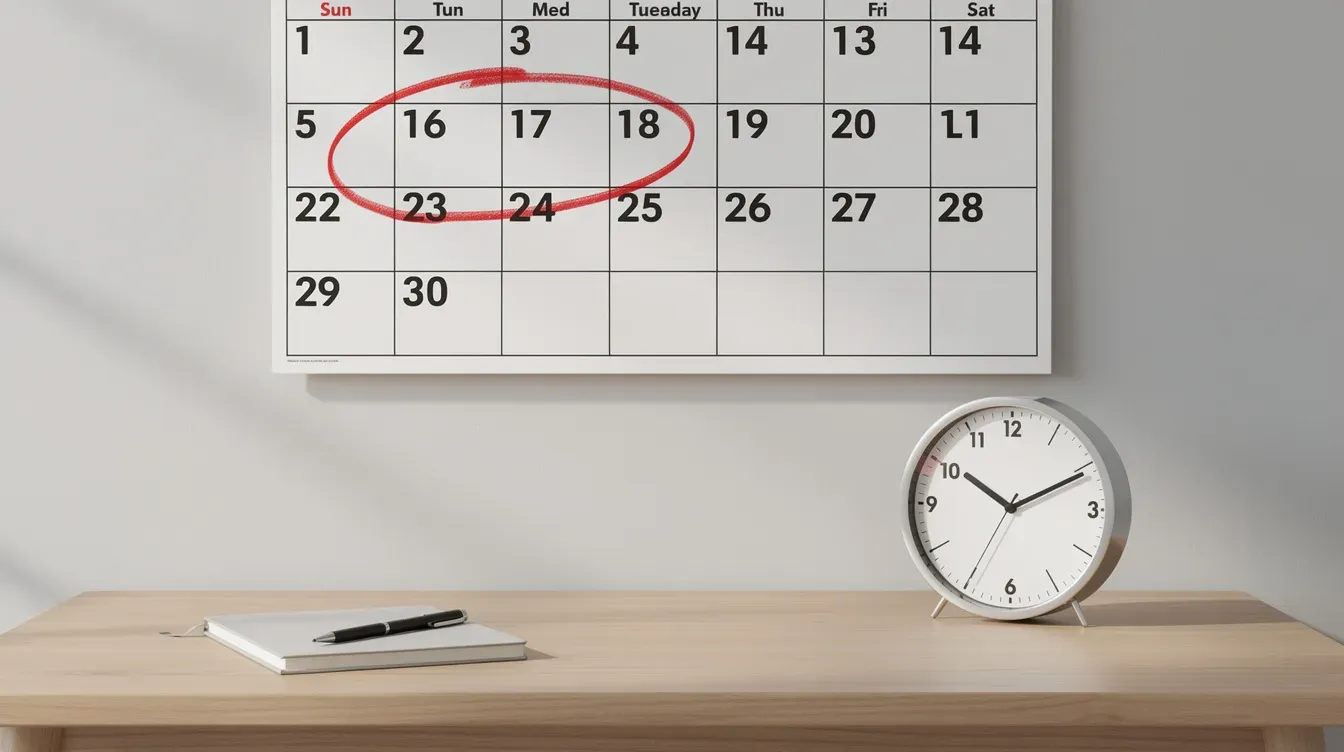 The image shows a wall calendar with a specific date circled in red, indicating an important deadline, positioned next to a clock on a desk. This setup suggests a focus on timely actions related to financial matters, such as making a universal credit claim or preparing for upcoming payments.