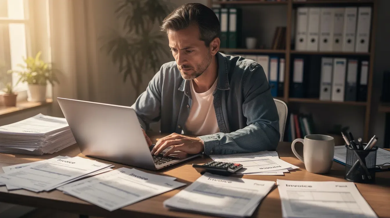 A small business owner is seated at a desk in their home, surrounded by invoices and a laptop, working diligently to manage their finances. This scene highlights the challenges of maintaining a business while navigating essential financial matters, such as claiming universal credit and managing living costs.